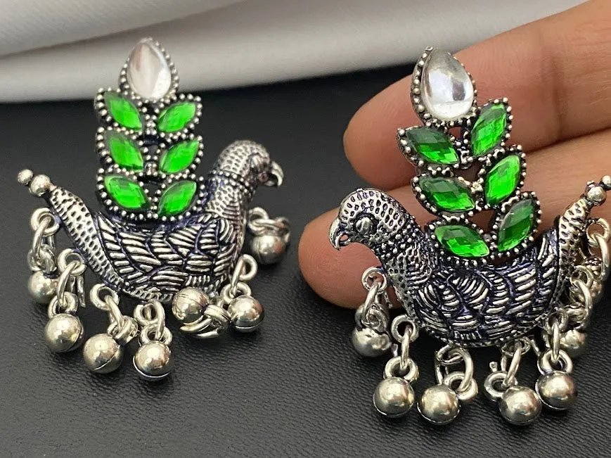 Elegant Glimmering Green Stone Peacock Design Earrings