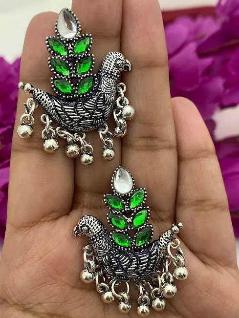 Elegant Glimmering Green Stone Peacock Design Earrings