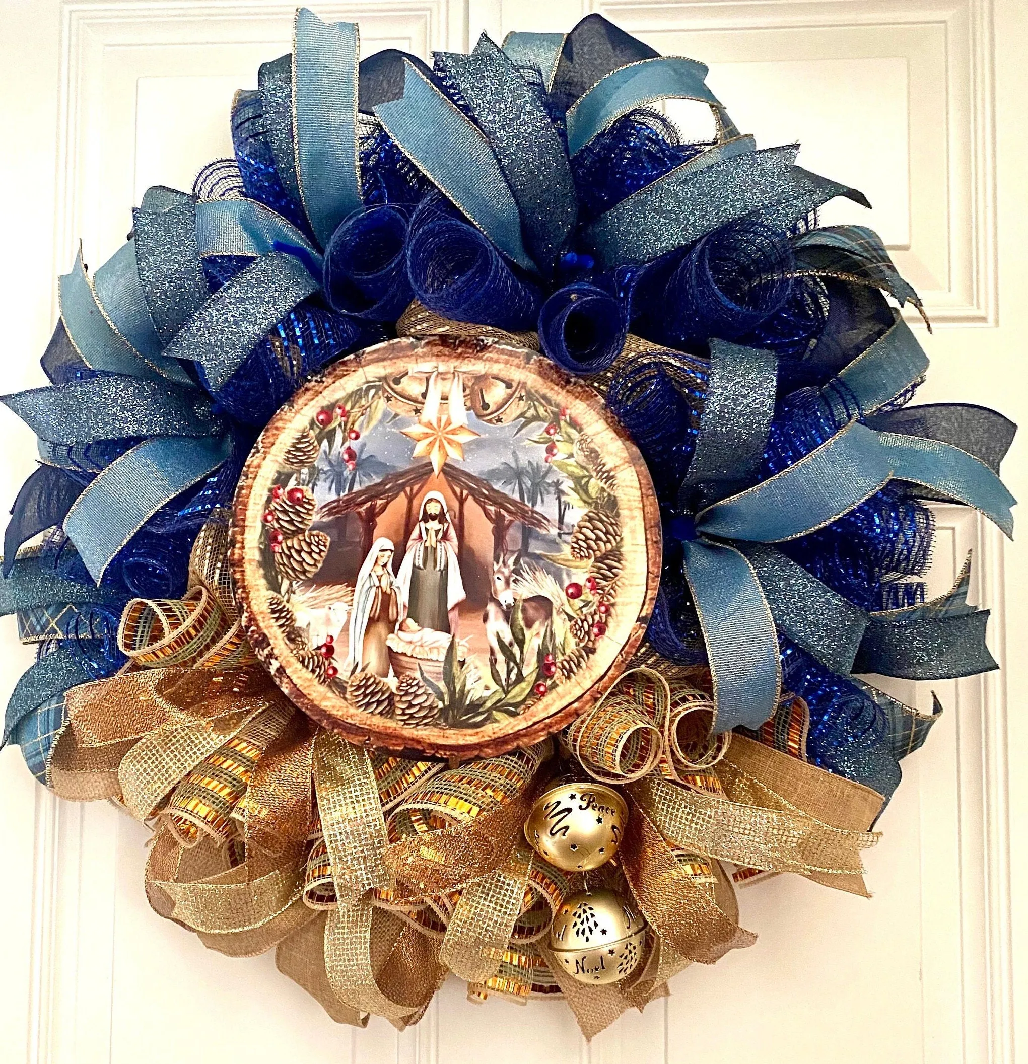 Elegant Gold and Blue Nativity Wreath with Charming Gold Bell Embellishments