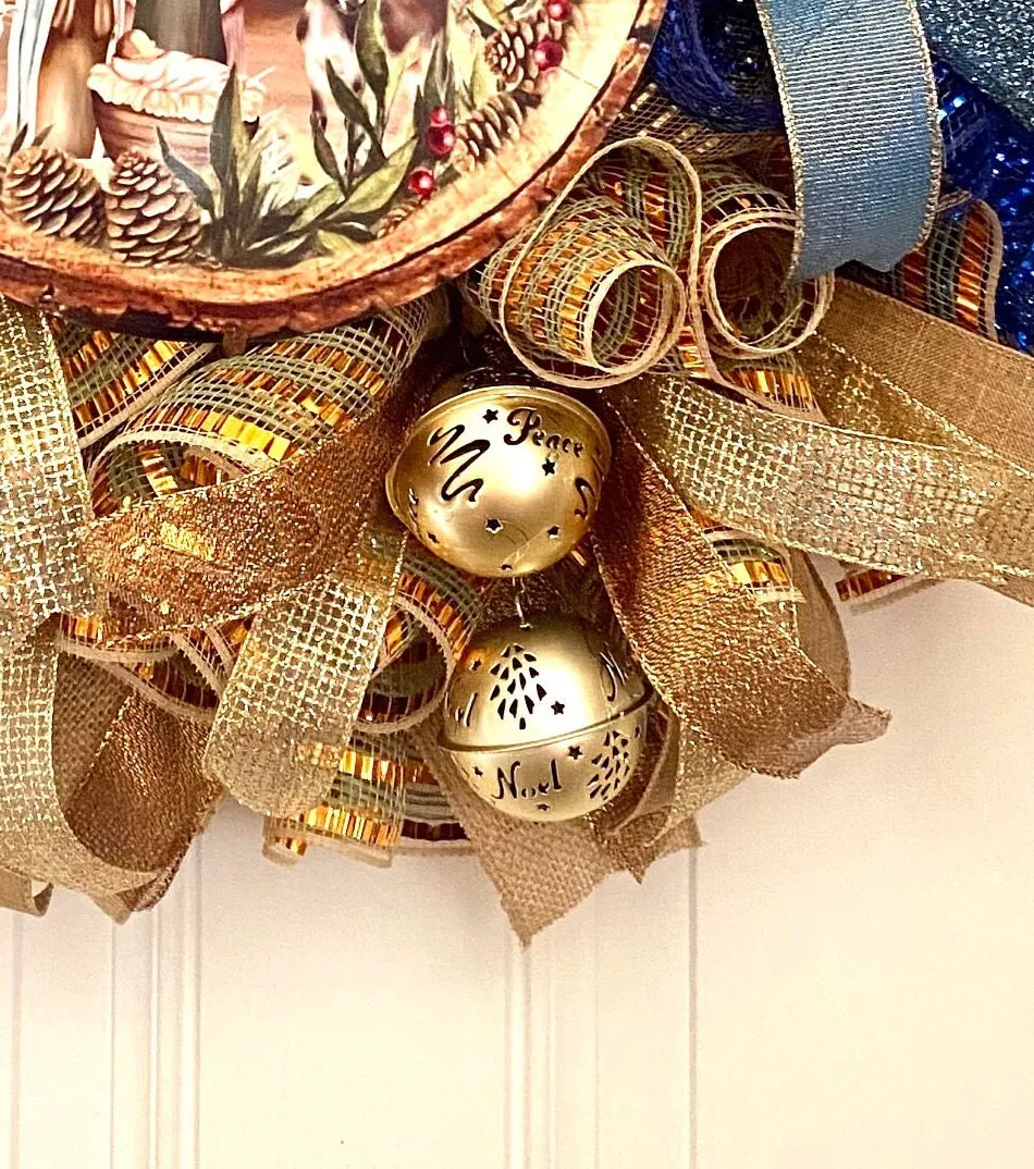 Elegant Gold and Blue Nativity Wreath with Charming Gold Bell Embellishments