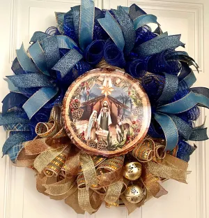 Elegant Gold and Blue Nativity Wreath with Charming Gold Bell Embellishments