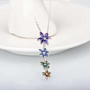 Elegant Gradient Flower Enamel Pendant Necklaces with Zircon in Silver Color