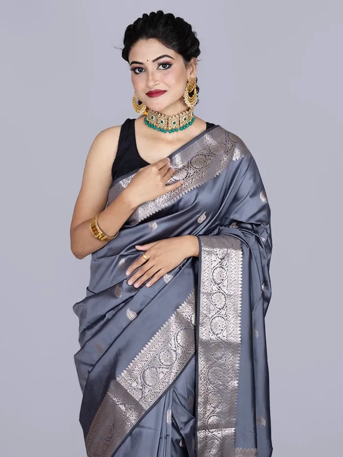 Elegant Gray Par Anchal Buti Katan Silk Saree