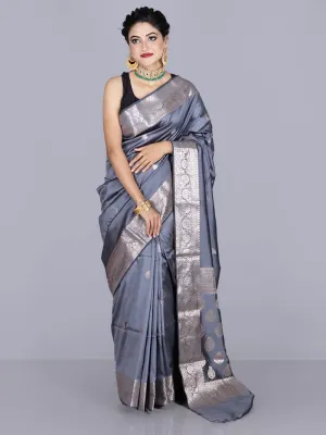 Elegant Gray Par Anchal Buti Katan Silk Saree