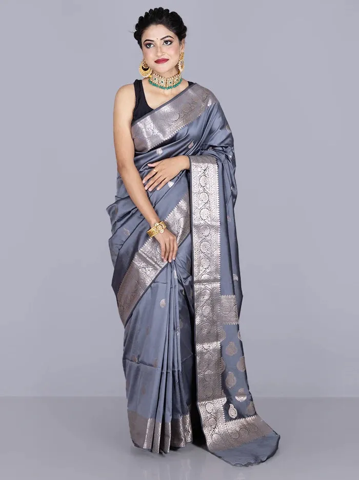 Elegant Gray Par Anchal Buti Katan Silk Saree