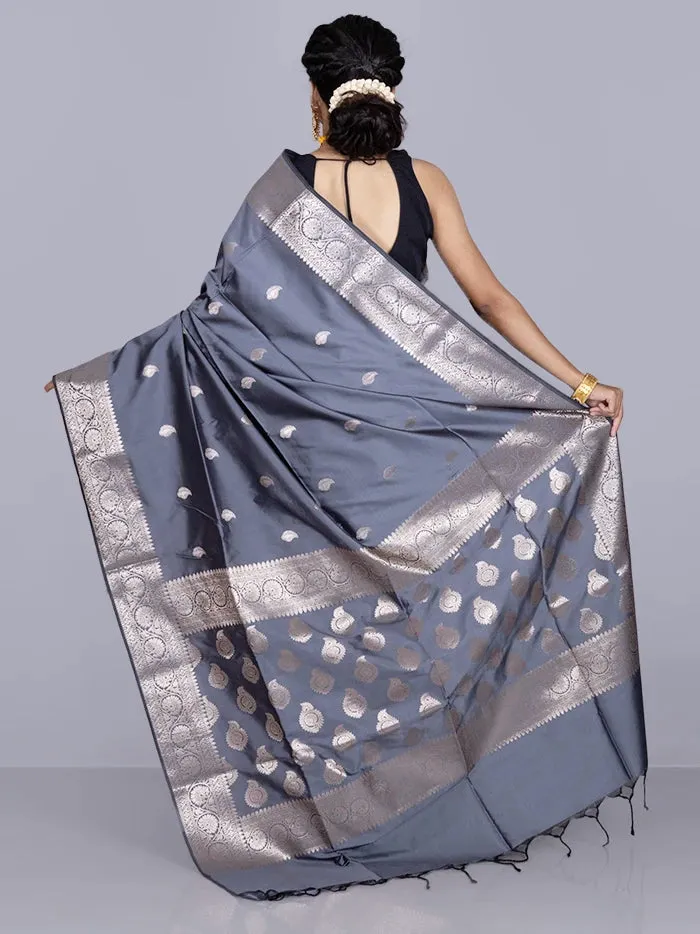 Elegant Gray Par Anchal Buti Katan Silk Saree