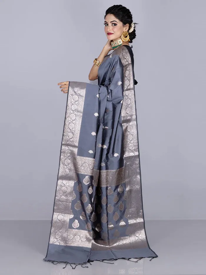 Elegant Gray Par Anchal Buti Katan Silk Saree