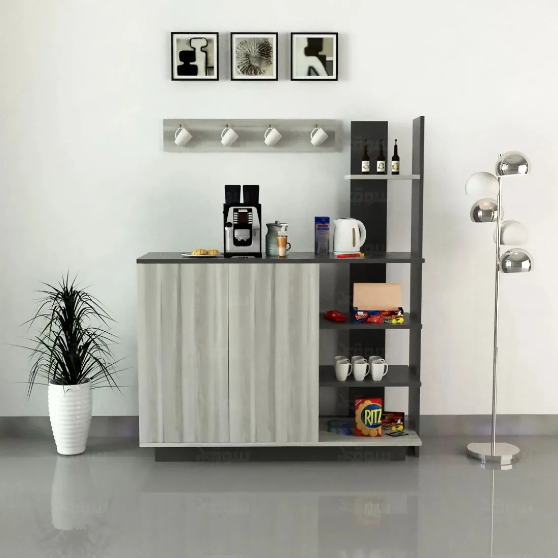 Elegant Gray TV Table Set with Coffee Corner – Simple & Sophisticated