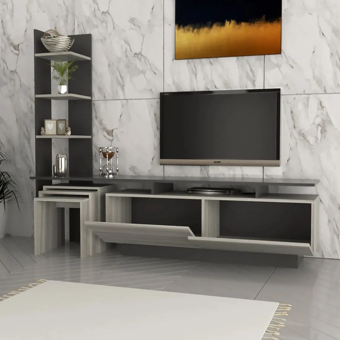 Elegant Gray TV Table Set with Coffee Corner – Simple & Sophisticated