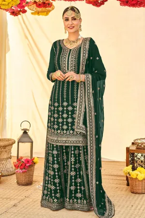 Elegant Green All Over Embroidered Palazzo Style Suit