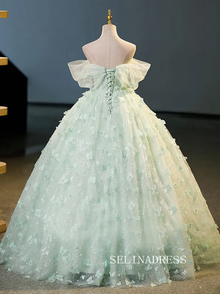 Elegant Green Ball Gown Princess Dresses Off-the-shoulder 3D Flower Evening Gowns TKL2508