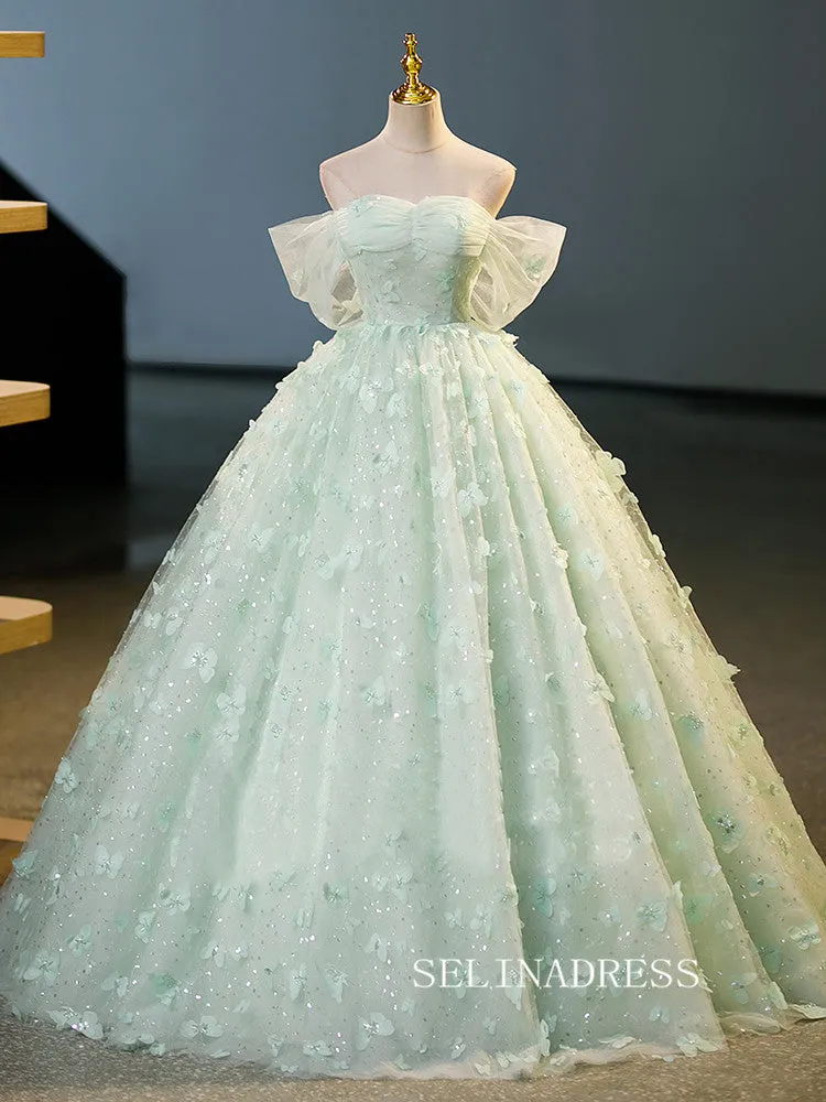 Elegant Green Ball Gown Princess Dresses Off-the-shoulder 3D Flower Evening Gowns TKL2508