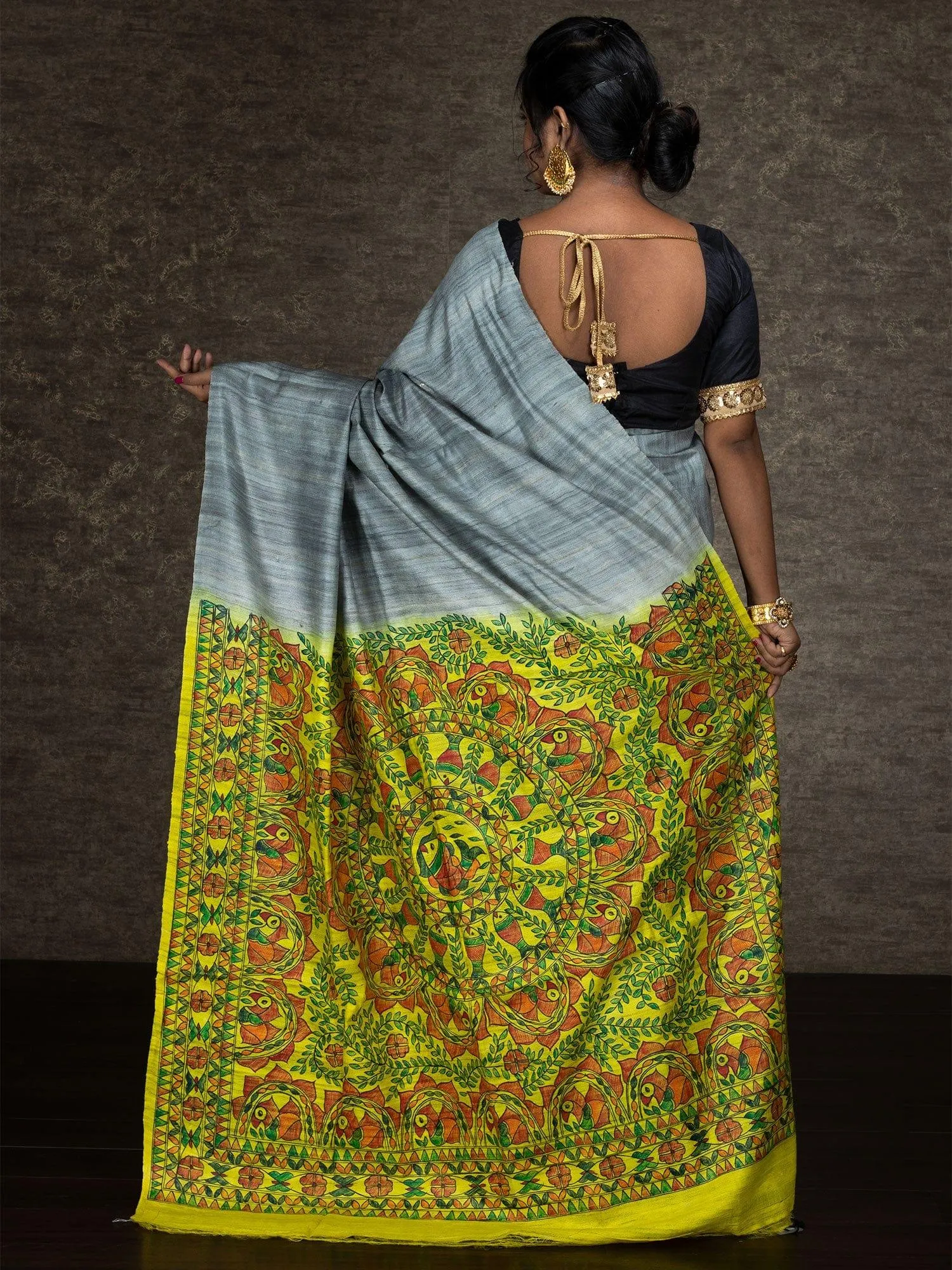 Elegant Grey Hand Painted Madhubani Ghicha Silk Saree