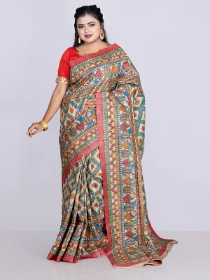 Elegant Hand Painted Madhubani Ghicha Silk Saree