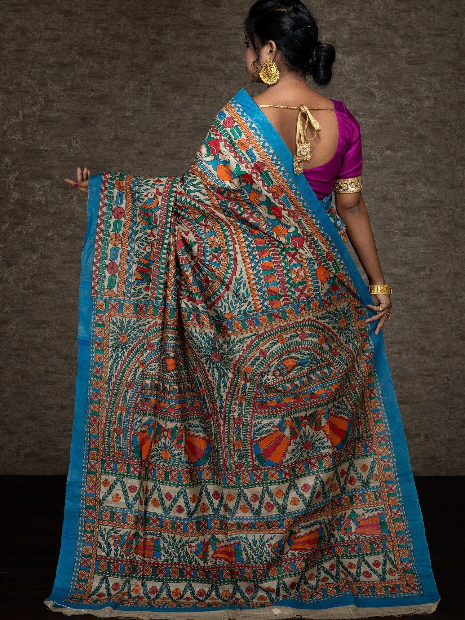 Elegant Hand Painted Madhubani Tussar Silk Saree