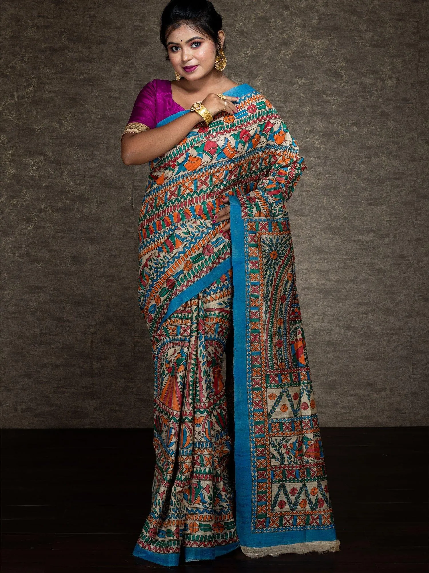 Elegant Hand Painted Madhubani Tussar Silk Saree