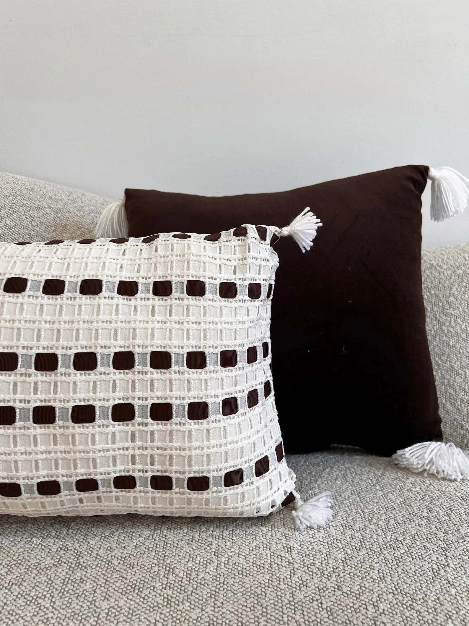 Elegant Handmade White & Dark Brown Tassel Lattice Cushion Set