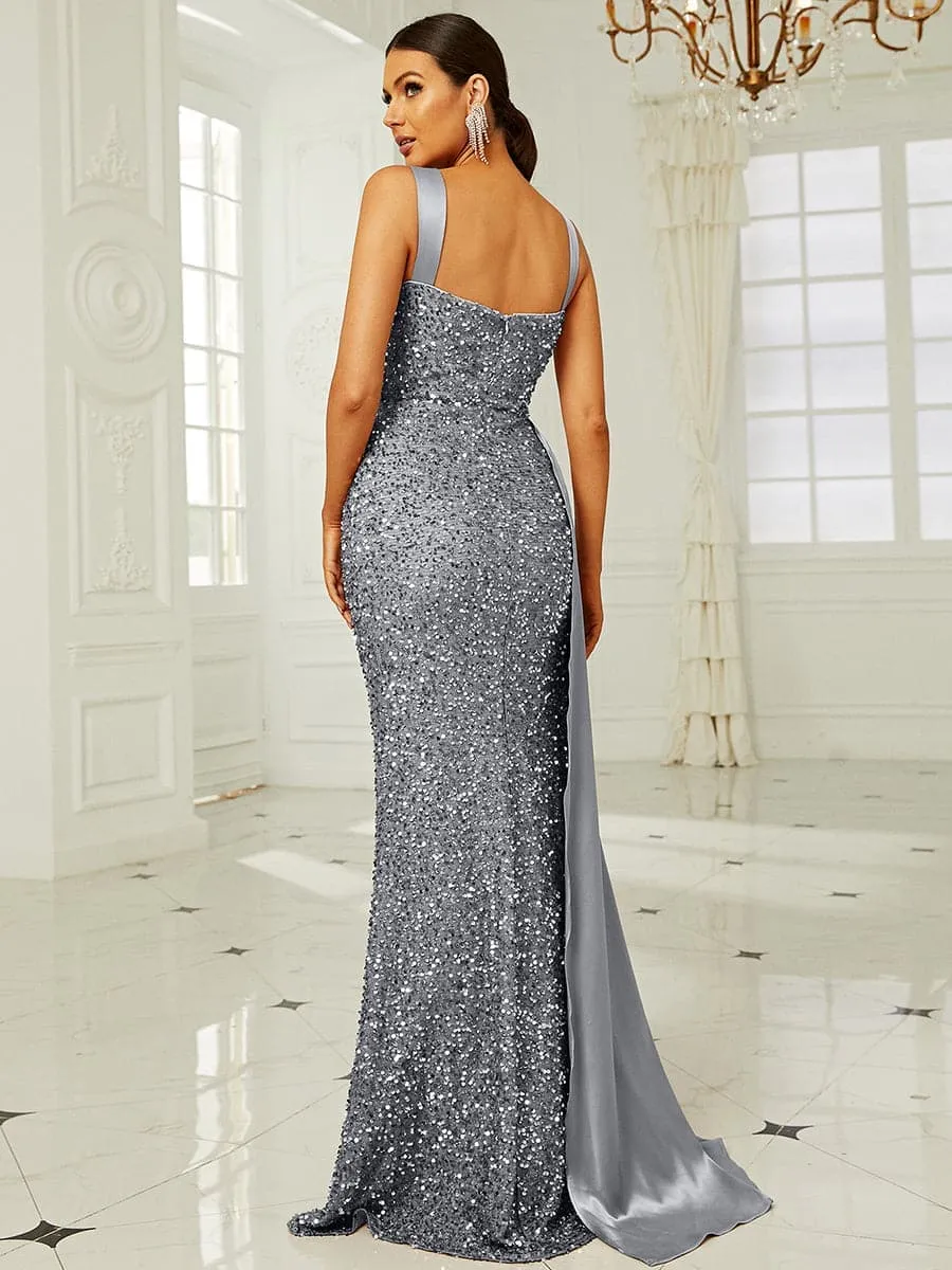 Elegant High Waist Ribbon Sequin Maxi Prom Dress XH2162