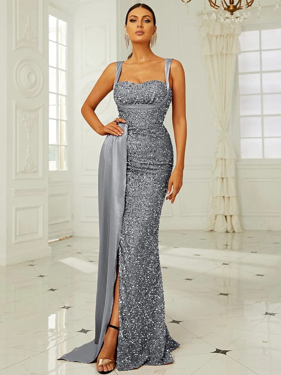 Elegant High Waist Ribbon Sequin Maxi Prom Dress XH2162