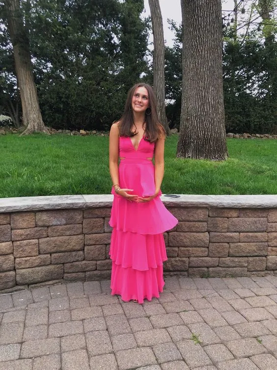 Elegant Hot Pink Tiered Prom Dress,Formal Dresses Long