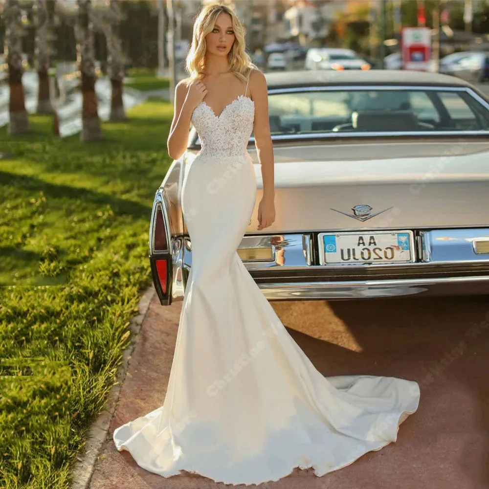 Elegant Ivory Wedding Dress Sexy Lace Printing Mermaid Sleeveless Bridal Gown