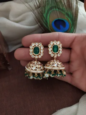 Elegant Kundan Jhumki in Green and Mint with White Stones