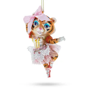 Elegant Lady Tiger In Pink Dress - Blown Glass Christmas Ornament