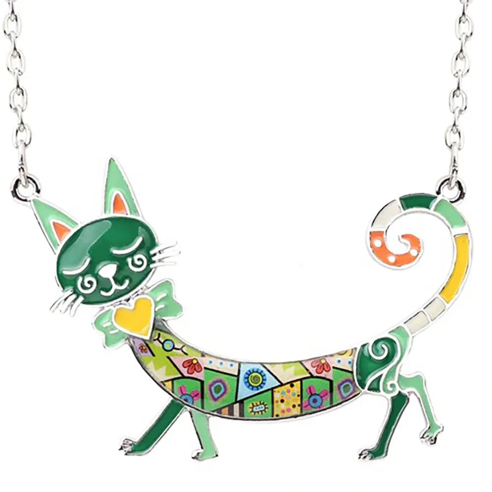 Elegant Long Body Enamel Cat Statement Necklace