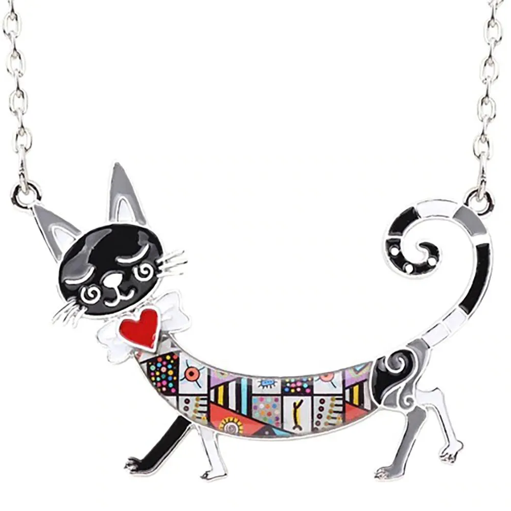 Elegant Long Body Enamel Cat Statement Necklace