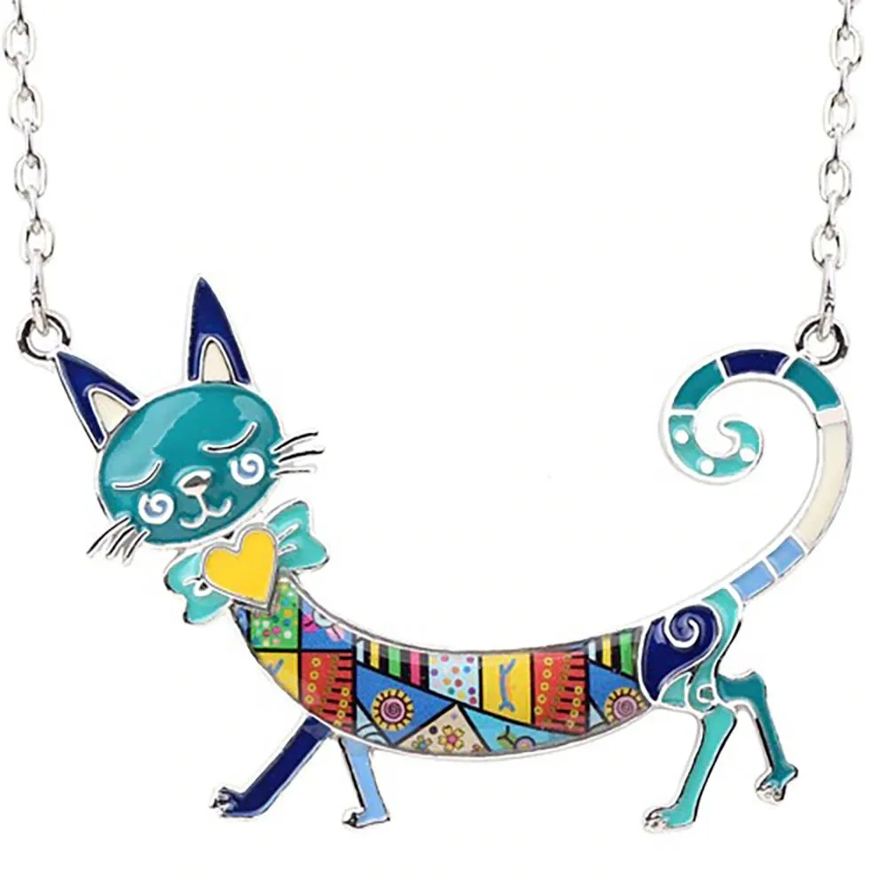 Elegant Long Body Enamel Cat Statement Necklace