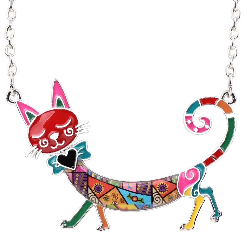 Elegant Long Body Enamel Cat Statement Necklace