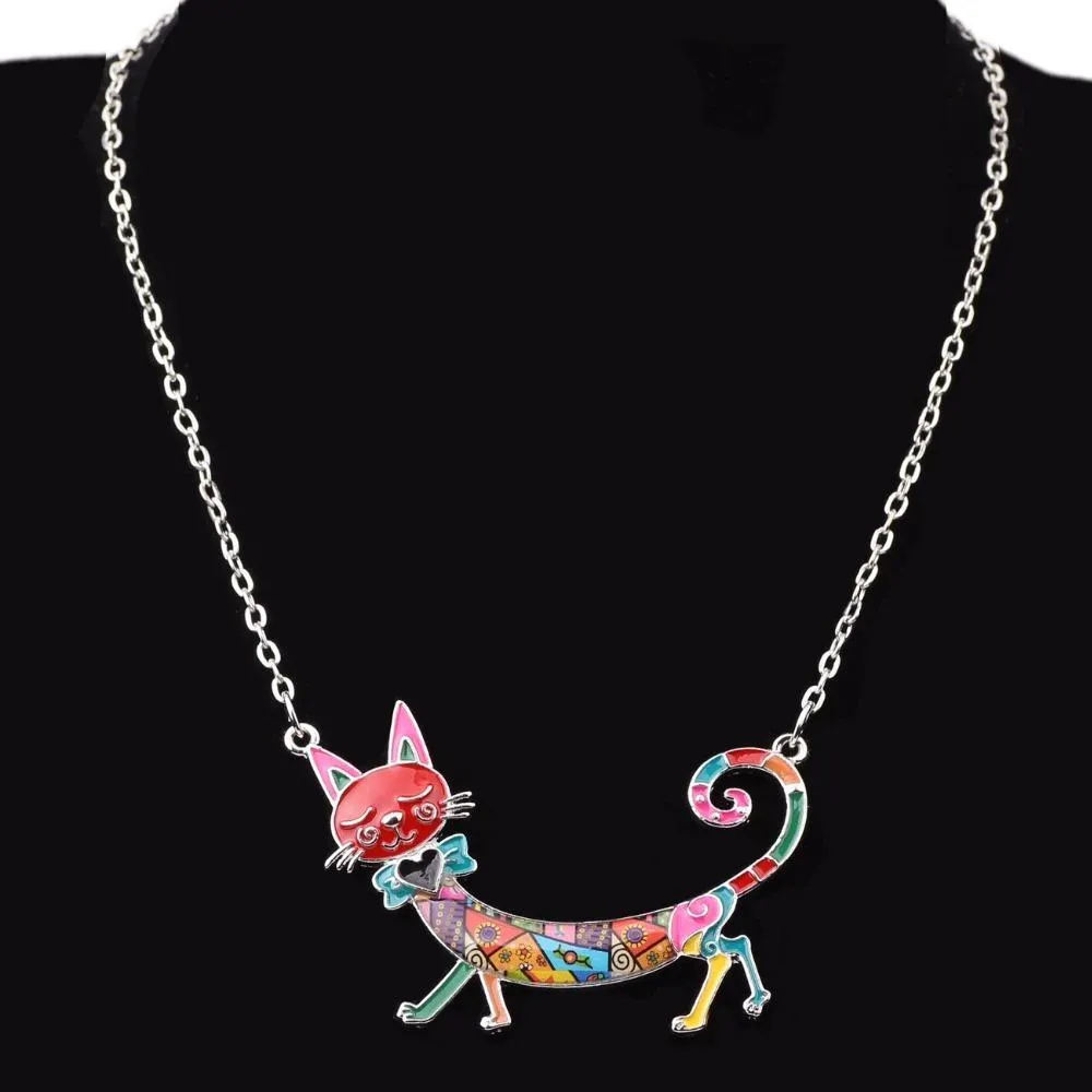 Elegant Long Body Enamel Cat Statement Necklace