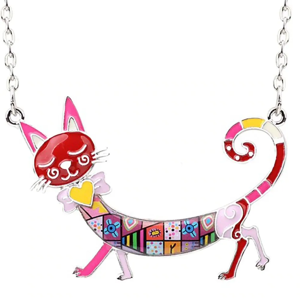 Elegant Long Body Enamel Cat Statement Necklace