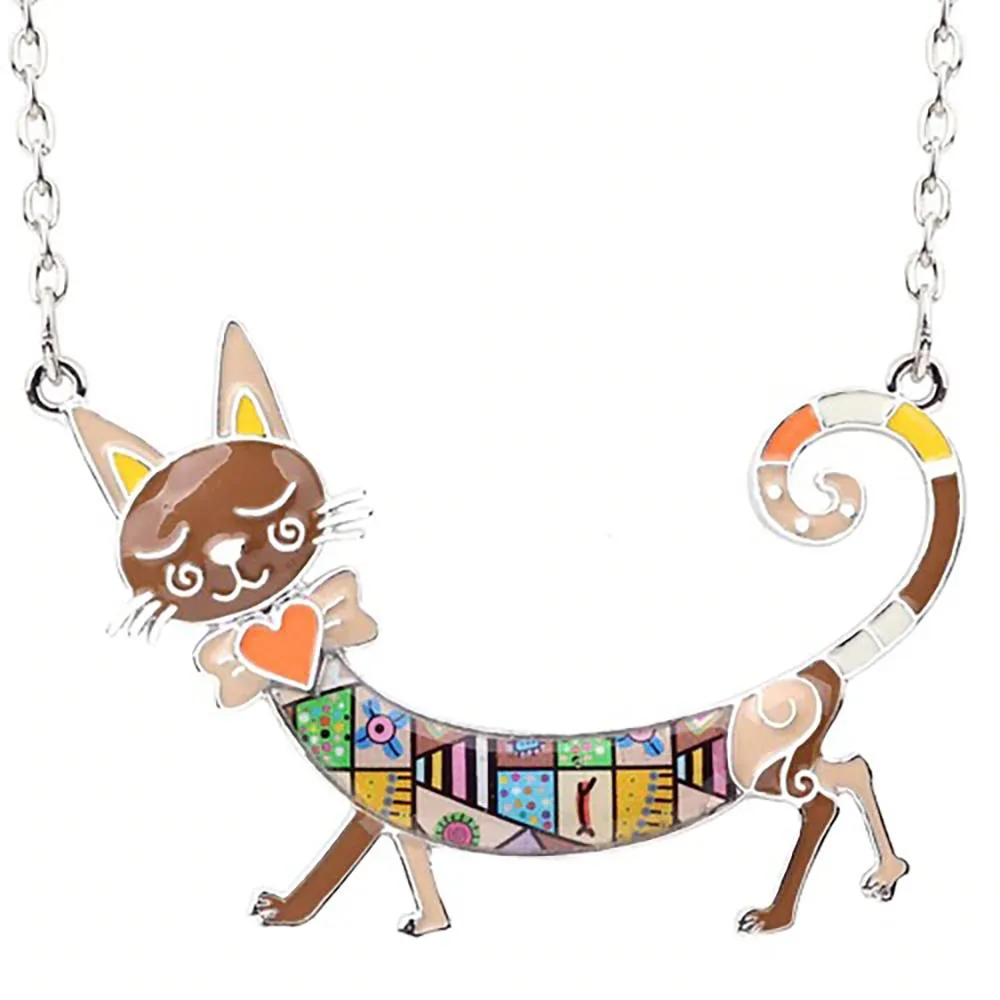 Elegant Long Body Enamel Cat Statement Necklace