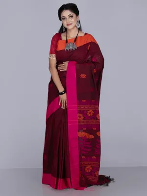 Elegant Maroon Par Anchal Buti Cotton Saree