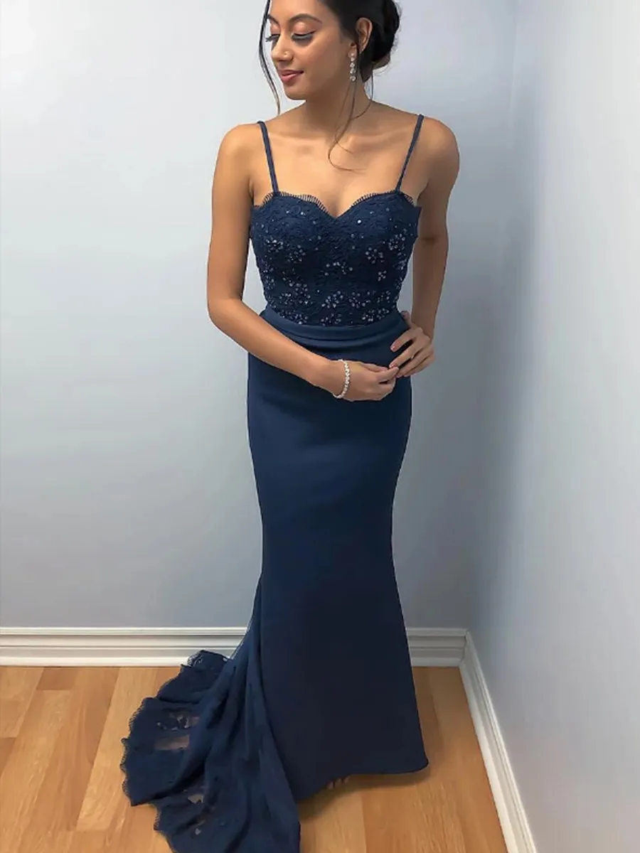 Elegant Mermaid Backless Lace Beaded Navy Blue Prom, Mermaid Backless Navy Blue Lace Formal, Mermaid Navy Blue Lace Evening