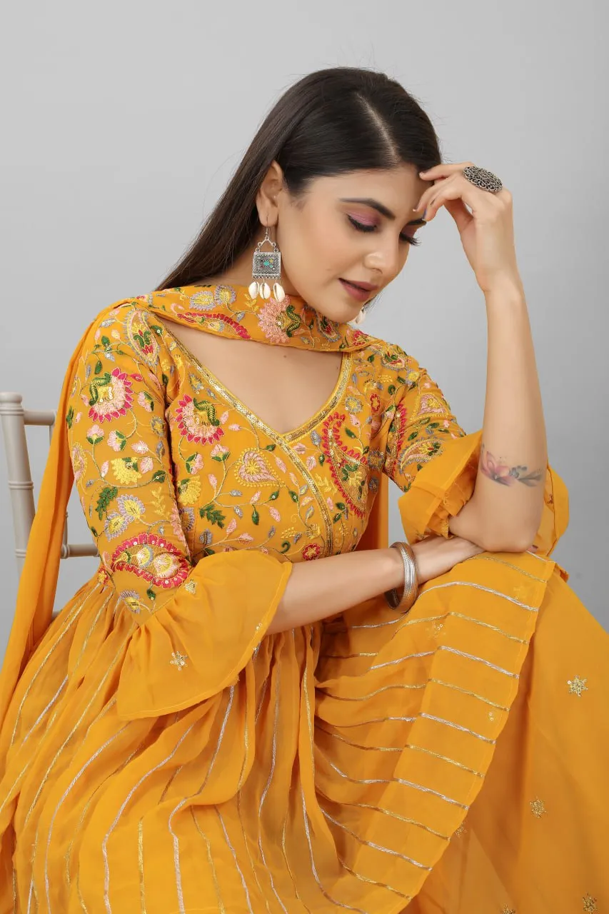 Elegant Mustard Yellow Sequence Embroidery Work Palazzo Suit