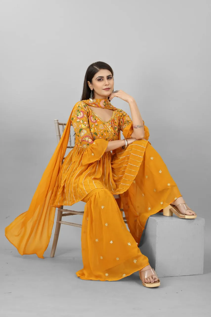 Elegant Mustard Yellow Sequence Embroidery Work Palazzo Suit