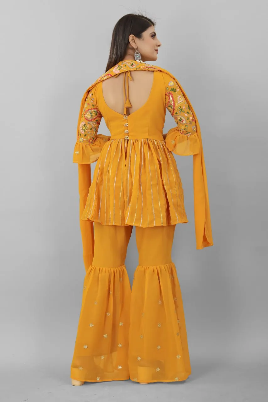 Elegant Mustard Yellow Sequence Embroidery Work Palazzo Suit