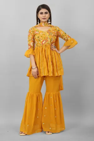 Elegant Mustard Yellow Sequence Embroidery Work Palazzo Suit