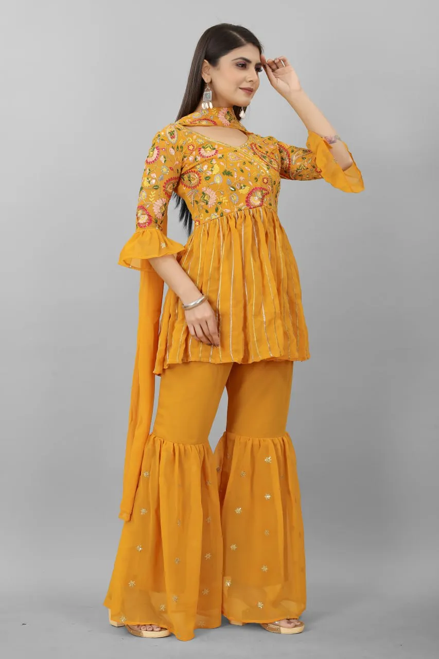 Elegant Mustard Yellow Sequence Embroidery Work Palazzo Suit