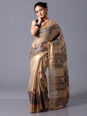 Elegant Natural Colour Zari Border Hand Painted Madhubani Ghicha Silk Saree