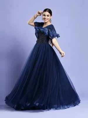 Elegant Navy Blue Net Ball Gown