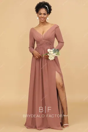 Elegant Nude Pink Chiffon V-Neck Long Sleeves Dress