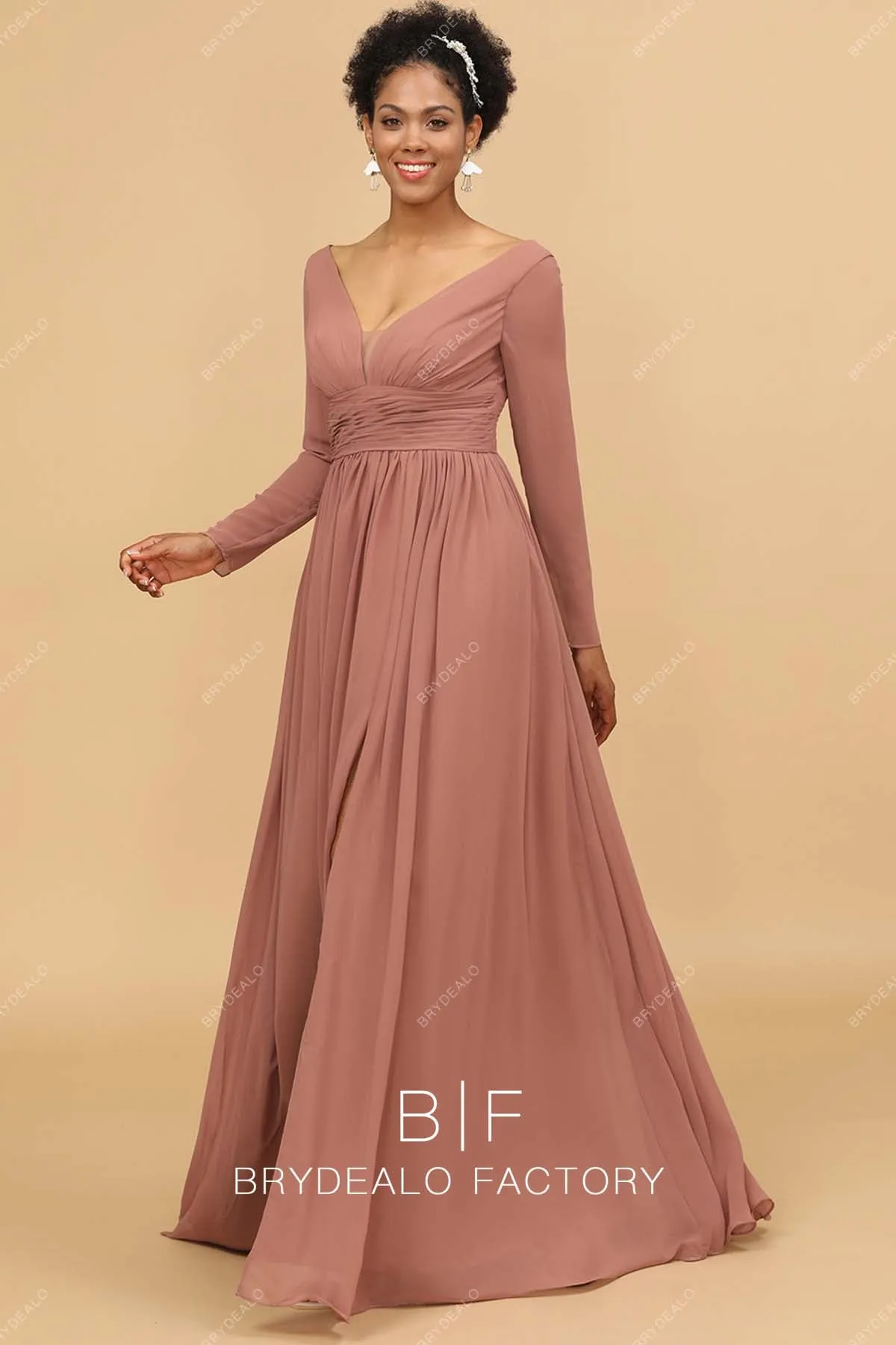 Elegant Nude Pink Chiffon V-Neck Long Sleeves Dress