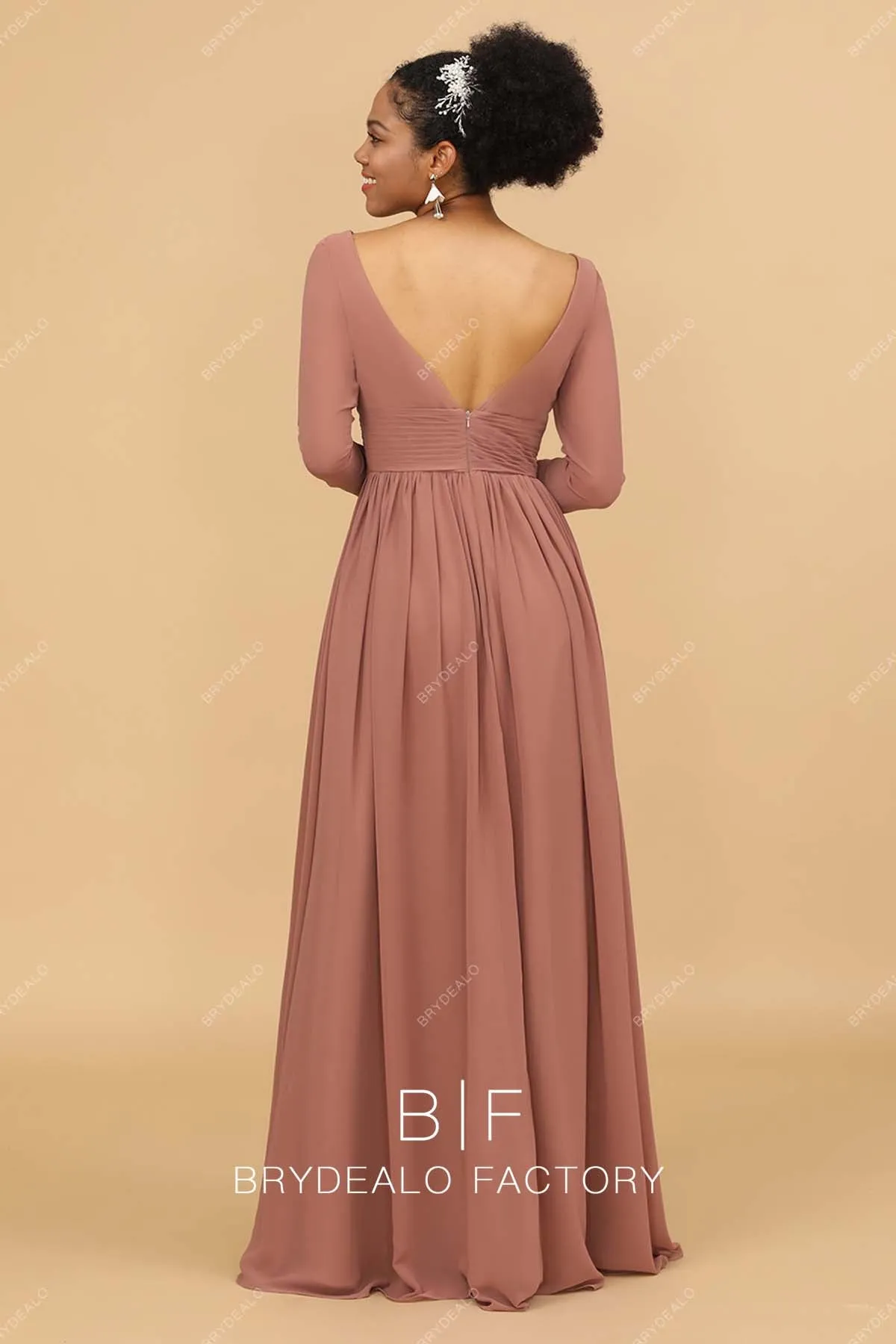 Elegant Nude Pink Chiffon V-Neck Long Sleeves Dress