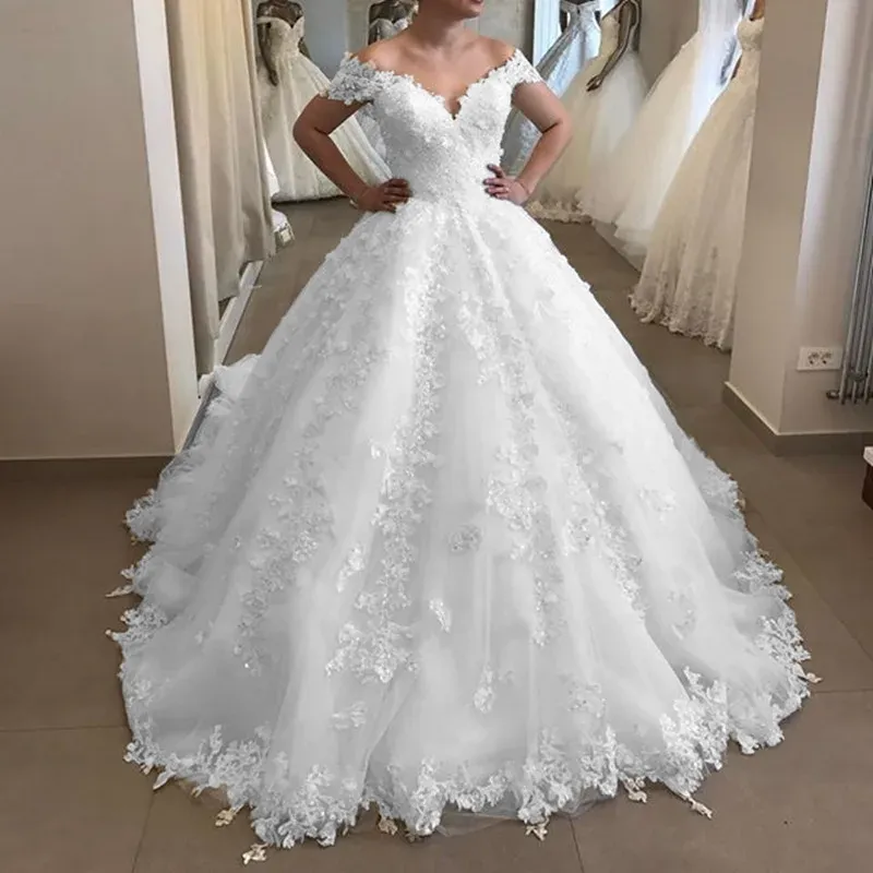 Elegant Off Shoulder Puffy Ball Gown Wedding Dress Backless V Neck Bridal Gown