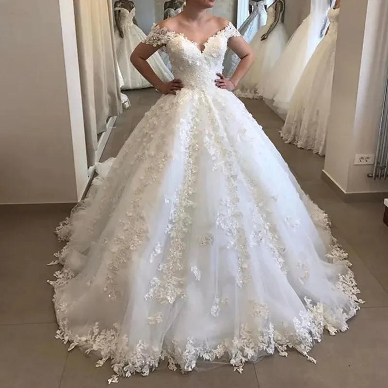 Elegant Off Shoulder Puffy Ball Gown Wedding Dress Backless V Neck Bridal Gown