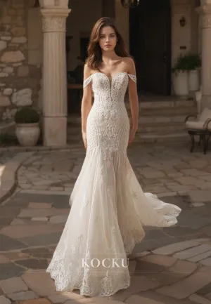 Elegant Off-Shoulder Sweetheart Mermaid Wedding Dress Sweep Train  Lace Bridal Gowns with Appliques