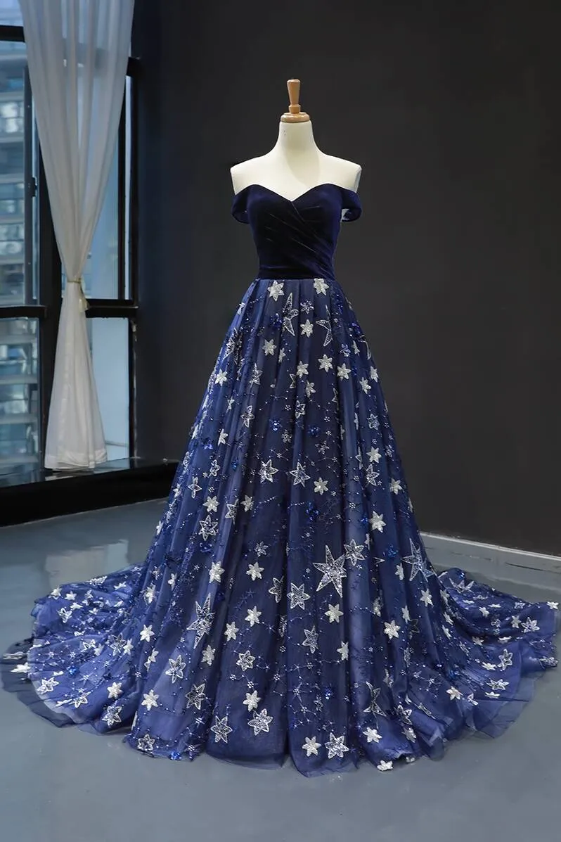 Elegant Off the Shoulder Navy Blue Prom Dress